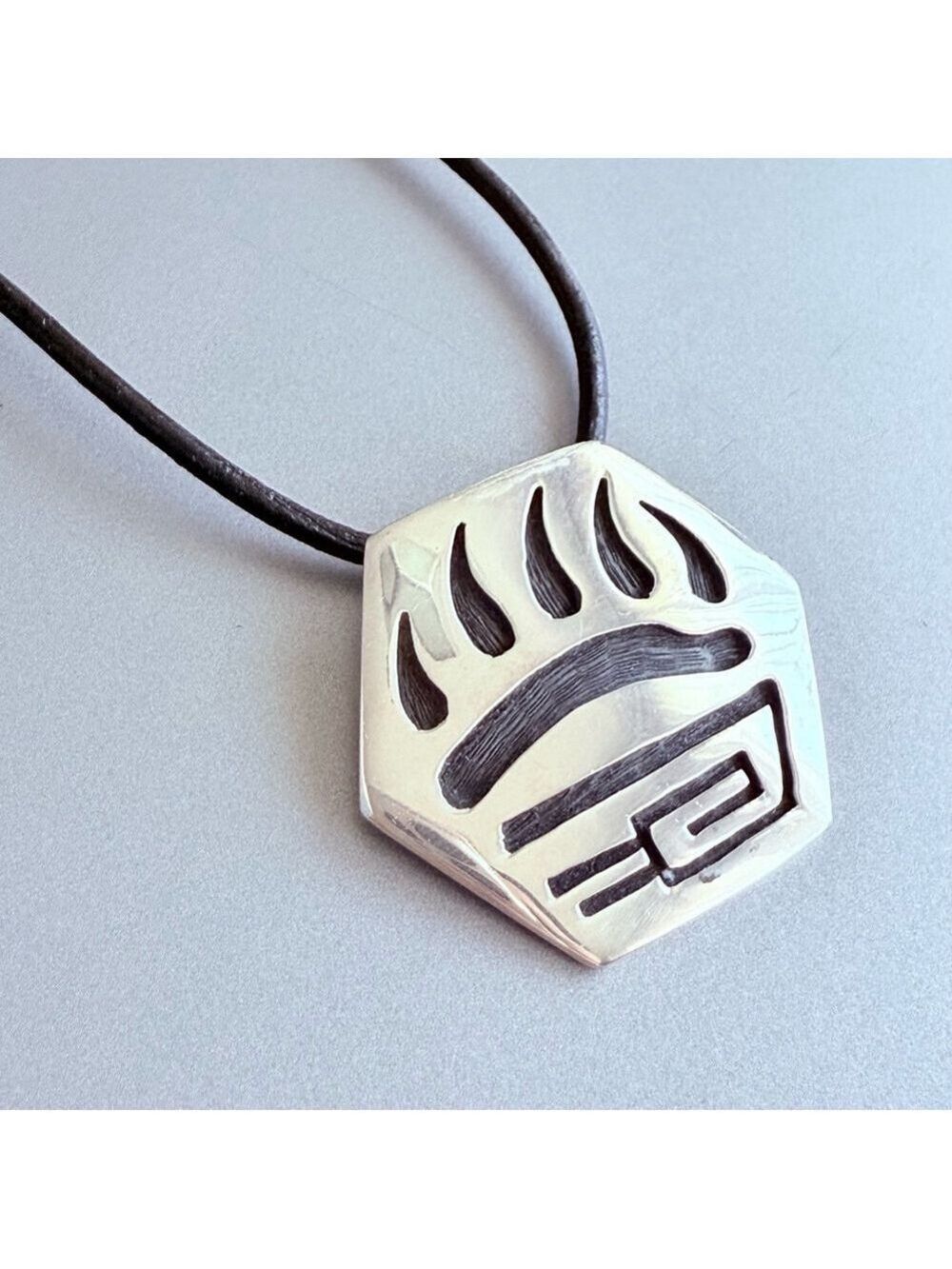 Early Hopi Native American Bear Paw Sterling Silver Hexagon Pendant & Brooch